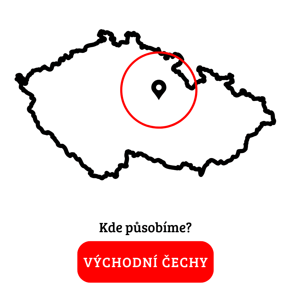 Schematická mapa České republiky s vyznačenou oblastí Východní Čechy, označenou červeným kruhem a bodem, s textem 'Kde působíme?' a nápis 'VÝCHODNÍ ČECHY' pod mapou.